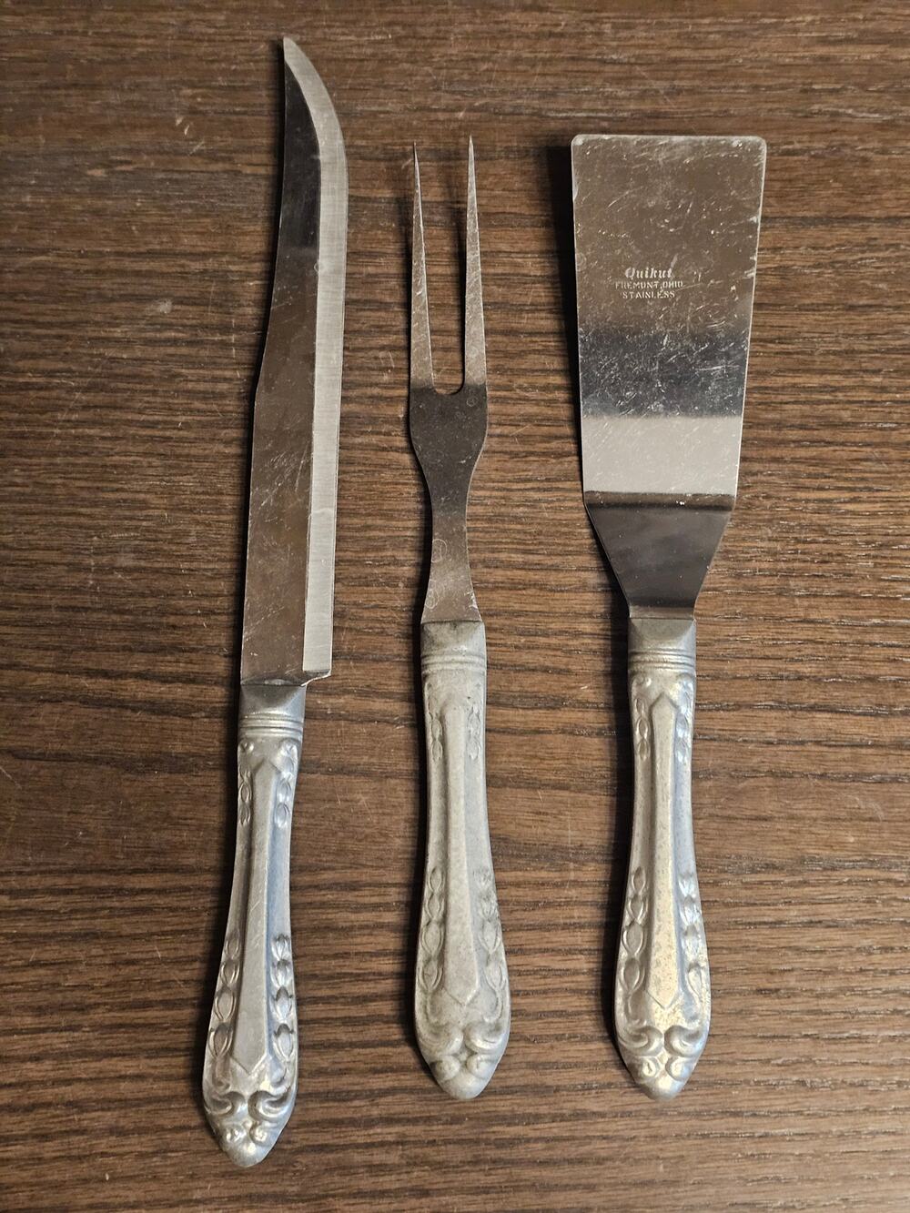 Vintage QUIKUT 3 Pc Carving Set Knife Fork Spatula Stainless w Aluminum Handles